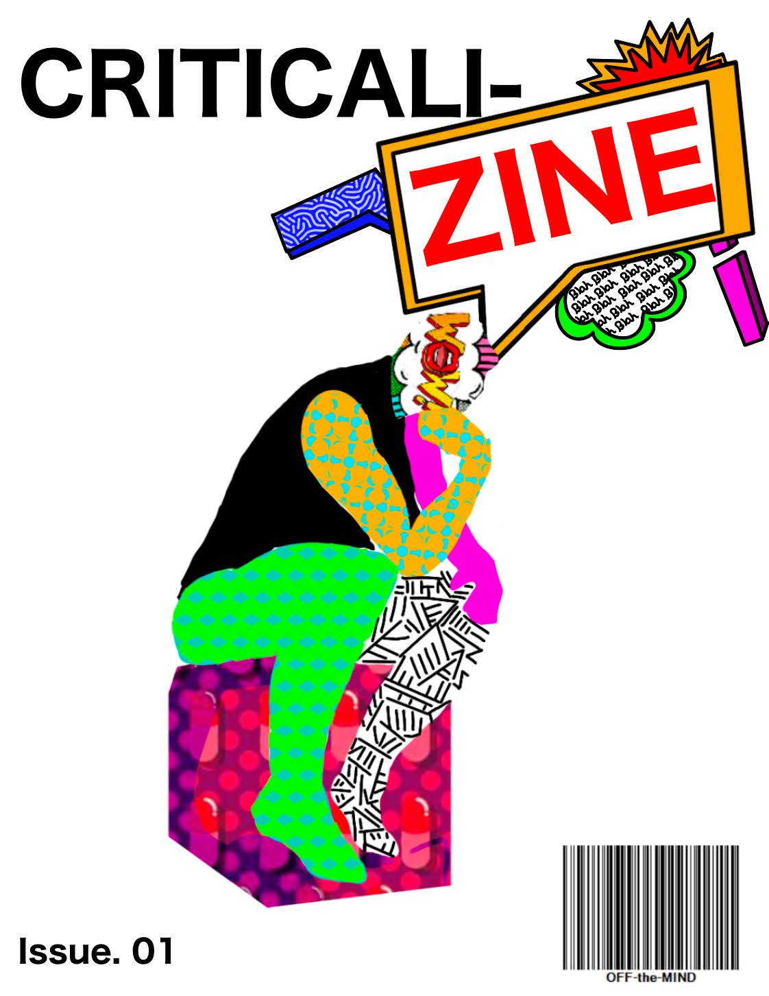 A bricolage of text and publishing graphics forming the shape of a human thinking about zines.